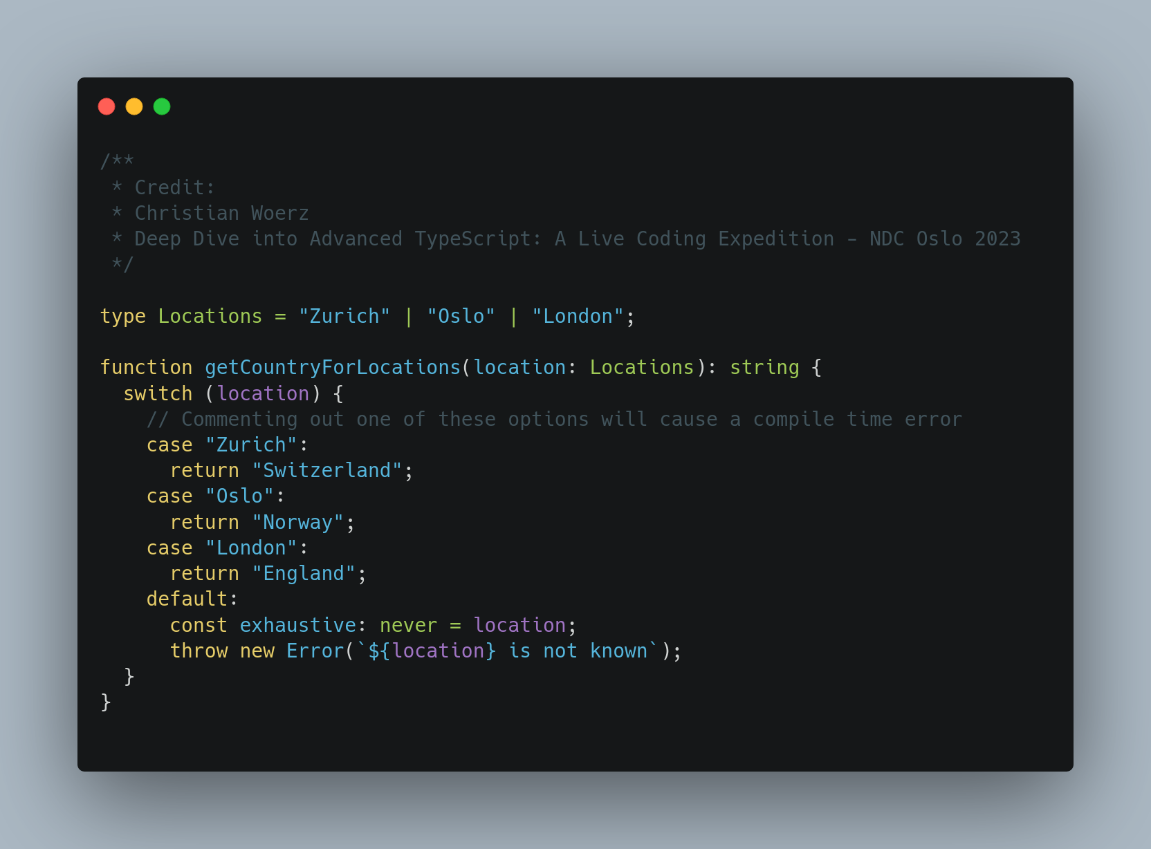 Screenshot of Exhaustive Switch Statement Code Snippet